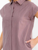 WOMEN'S SHORT SLEEVE OBUTTON UP FRONT POCKETS STRIPES TUNIC MINI DRESS