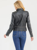 WOMEN'S LONG SLEEVE ZIPPER CLOSURE FRONT POCKETS PU PLEATHER JACKET