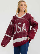 WOMEN'S LONG SLEEVE V-NECK COLORBLOCK PRINT PULLOVER OVERSIZED SWEATER
