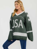 WOMEN'S LONG SLEEVE V-NECK COLORBLOCK PRINT PULLOVER OVERSIZED SWEATER