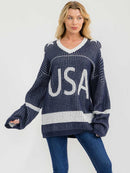 WOMEN'S LONG SLEEVE V-NECK COLORBLOCK PRINT PULLOVER OVERSIZED SWEATER