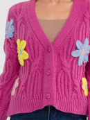 WOMEN'S LONG SLEEVE BUTTON UP EMBROIDERY FLORAL KNIT SWEATER
