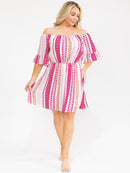 PLUS SIZE SHORT SLEEVE ELASTIC WAIST MULTI PRINT MINI DRESS