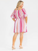 PLUS SIZE SHORT SLEEVE ELASTIC WAIST MULTI PRINT MINI DRESS