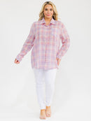 PLUS SIZE LONG SLEEVE BUTTON UP FRONT POCKET HIGH-LOW PLAID OVERSIZE SHIRT
