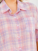 PLUS SIZE LONG SLEEVE BUTTON UP FRONT POCKET HIGH-LOW PLAID OVERSIZE SHIRT