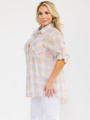 PLUS SIZE LONG SLEEVE BUTTON UP FRONT POCKET HIGH-LOW PLAID OVERSIZE SHIRT