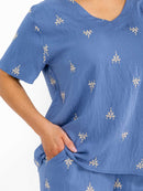 PLUS SIZE SHORT SLEEVE BLOUSE & ELASTIC WAIST PANTS EMBROIDERY 2PC. SET