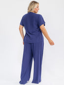 PLUS SIZE SHORT SLEEVE BLOUSE & ELASTIC WAIST PANTS EMBROIDERY LINEN 2PC. SET