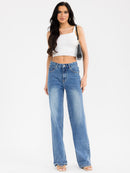 WOMEN'S BUTTON CLOSURE WASHED STRAIGHT LEG DENIM PANTS