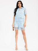 WOMEN'S SHORT SLEEVE BLOUSE & ELASTIC WAIST SHORTS CROCHET 2PC. SET