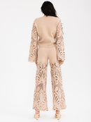 WOMEN'S LONG BELL SLEEVE PULLOVER SWEATER & ELASTIC WAIST PANTS CROCHET 2PC. SET