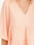 WOMEN'S SHORT SLEEVE V-NECK PLAID TIERED TUNIC MINI DRESS