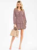 WOMEN'S LONG SLEEVE V-NECK FLORAL SMOCK WAIST MINI DRESS