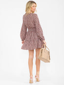 WOMEN'S LONG SLEEVE V-NECK FLORAL SMOCK WAIST MINI DRESS