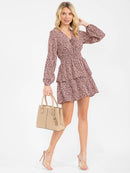 WOMEN'S LONG SLEEVE V-NECK FLORAL SMOCK WAIST MINI DRESS