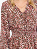 WOMEN'S LONG SLEEVE V-NECK FLORAL SMOCK WAIST MINI DRESS