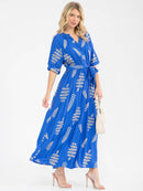 WOMEN'S SHORT SLEEVE BUTTON UP SELF TIE EMBROIDERY MAXI DRESS