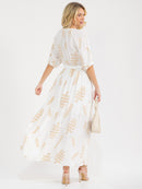 WOMEN'S SHORT SLEEVE BUTTON UP SELF TIE EMBROIDERY MAXI DRESS