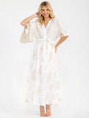 WOMEN'S SHORT SLEEVE BUTTON UP SELF TIE EMBROIDERY MAXI DRESS
