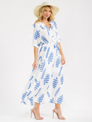 WOMEN'S SHORT SLEEVE BUTTON UP SELF TIE EMBROIDERY MAXI DRESS