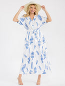 WOMEN'S SHORT SLEEVE BUTTON UP SELF TIE EMBROIDERY MAXI DRESS
