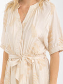 WOMEN'S SHORT SLEEVE BUTTON UP SELF TIE EMBROIDERY MAXI DRESS