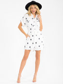 WOMEN'S SHORT SLEEVE BUTTON UP FRONT POCKETS EMBROIDERY ROMPER