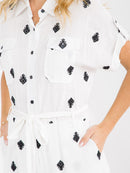 WOMEN'S SHORT SLEEVE BUTTON UP FRONT POCKETS EMBROIDERY ROMPER