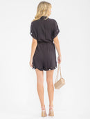 WOMEN'S SHORT SLEEVE BUTTON UP FRONT POCKETS EMBROIDERY ROMPER