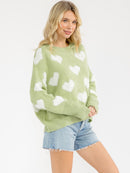 WOMEN'S LONG SLEEVE HEART PRINT DISTRESS PULLOVER SWEATER