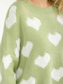WOMEN'S LONG SLEEVE HEART PRINT DISTRESS PULLOVER SWEATER