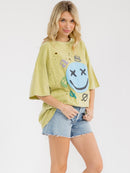 WOMEN'S SHORT SLEEVE DISTRESS GRAPHIC WASHED TOP