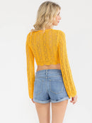 WOMEN'S LONG SLEEVE FRONT TIE KNIT CROP TOP