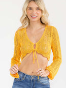 WOMEN'S LONG SLEEVE FRONT TIE KNIT CROP TOP