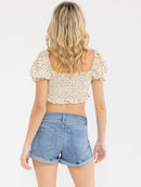 WOMEN'S SHORT PUFF SLEEVE SQUARE NECK SMOCK FLORAL CROP TOP