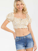 WOMEN'S SHORT PUFF SLEEVE SQUARE NECK SMOCK FLORAL CROP TOP