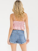 WOMEN'S SLEEVELESS SMOCK PAISLEY PRINT CROP TOP