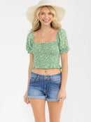 WOMEN'S SHORT PUFF SLEEVE SQUARE NECK SMOCK FLORAL CROP TOP