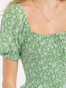WOMEN'S SHORT PUFF SLEEVE SQUARE NECK SMOCK FLORAL CROP TOP