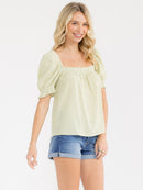 WOMEN'S SHORT PUFF SLEEVE SQUARE NECK SMOCK PLAID TOP