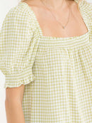 WOMEN'S SHORT PUFF SLEEVE SQUARE NECK SMOCK PLAID TOP