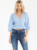 WOMEN'S 3/4 PUFF SLEEVE BUTTON UP V-NECK EMBROIDERY PEPLUM BLOUSE