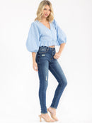 WOMEN'S 3/4 PUFF SLEEVE BUTTON UP V-NECK EMBROIDERY PEPLUM BLOUSE