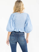 WOMEN'S 3/4 PUFF SLEEVE BUTTON UP V-NECK EMBROIDERY PEPLUM BLOUSE