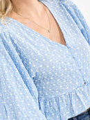 WOMEN'S 3/4 PUFF SLEEVE BUTTON UP V-NECK EMBROIDERY PEPLUM BLOUSE