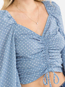 WOMEN'S LONG SLEEVE FRONT RUCHED POLKA DOT SMOCK CROP TOP