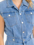 WOMEN'S SHORT SLEEVE BUTTON UP POCKETS ELASTIC WAIST DENIM ROMPER