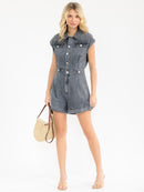 WOMEN'S SHORT SLEEVE BUTTON UP POCKETS ELASTIC WAIST DENIM ROMPER