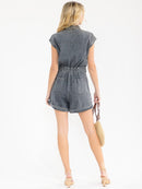 WOMEN'S SHORT SLEEVE BUTTON UP POCKETS ELASTIC WAIST DENIM ROMPER